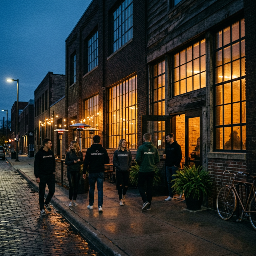 Six people standing outside a warmly lit brick industrial building