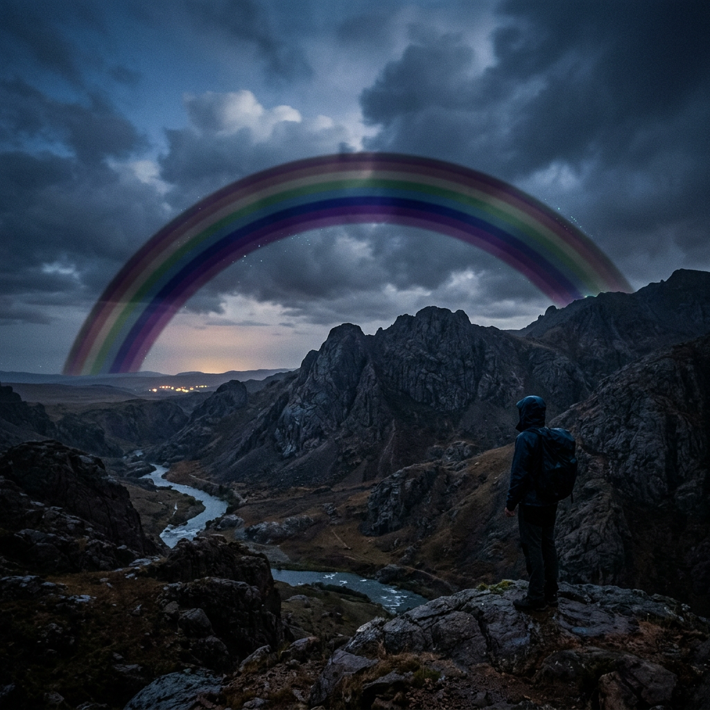 Hiker overlooking a rocky mountain valley beneath a large rainbow
